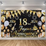 Seutgjie Banderole Joyeux Anniversaire 18 Ans 2006-2024, Décoration Anniversaire 18 Ans Toile de Fond Anniversaire Hommes/Femmes, Bannière Joyeux Anniversaire pour Fête, Or Noir 180 x 110 cm