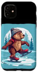 Coque pour iPhone 11 Joli costume de castor d'hiver avec chaussures de patinage sur glace