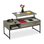 Relaxdays Table Basse avec Plateau relevable, HLP : 45x110x50 cm, Effet Bois et métal, Table de Salon, Grise