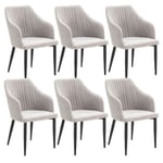 FASCA - Lot de 6 Fauteuils Tissu Gris Clair Surpiqures Verticales Pieds Métal Noir