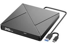 Lecteur CD/DVD Externe pour PC, USB 3.0 et USB-C Graveur DVD Externe Optique Portable CD/DVD -/+RW Drive, Mince DVD Player Transmission Rapide Câble USB Intégrée pour Windows/MacOS/Laptop/Desktops