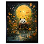 Harvest Moon Panda Landscape Oil Painting Panda Bear in a Wildflower Meadow with Flowing Stream Kids Bedroom Art Print Framed Poster Wall Decor 12x16