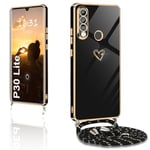 XCYYOO Coque pour Huawei P30 Lite avec Cordon de Collier,Coque avec Collier Housse Silicone avec Motif Coeur d'amour Mignon Étui Antichoc avec Cordon Réglable Cover pour Huawei P30 Lite,Noir