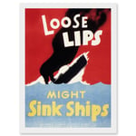 War World WW2 USA Loose Lips Sink Ships A4 Artwork Framed Wall Art Print