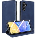 QHOHQ Coque pour Samsung Galaxy A15 4G/5G +Protection écran, [RFID Blocage], Etui Protection Housse Premium en Cuir PU, [Emplacements Cartes] Magnétique Flip Case, Anti-Vibration Fantaisie-Bleu foncé