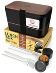 Umami Bento Lunch Box, Couverts & 2 Pots à Sauce Inclus, Boîte Repas Encastrable, Lunchbox Micro-Ondable, Boîte à Lunch Adulte Compartimentée, Bento Box, Noyer Noir, 1500 ml