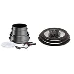 Tefal Ingenio Daily Chef ON Pots & Pans Set, 10 Pieces, Stackable, Removable Handle, Space Saving, Non-Stick, Grey, L7619302 & Ingenio L9931012 3 Piece Glass lids, 16-cm, 18-cm, 20-cm , Black