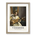 Girl Playing Instrument By Johannes Vermeer Exhibition Museum Painting Framed Wall Art Print, Ready to Hang Picture for Living Room Bedroom Home Office Décor, Oak A4 (34 x 25 cm)