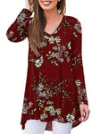 iChunhua Long Sleeve Tunic Tops for Women Floral Printed V Neck Loose Fitting Blouse Pleated Tshirt Burgundy X-Large