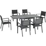 Ensemble de jardin 6 personnes chaises empilables table extensible 90/180L cm alu. textilène gris