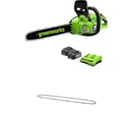 Greenworks Tronçonneuse à Batterie Moteur Sans Balais, Longueur des barres 14 Pouces (35cm), 2 Batteries 24V 4Ah et Chargeur Double+ Greenworks 35cm Chaîne