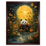 Harvest Moon Panda Landscape Oil Painting Panda Bear in a Wildflower Meadow with Flowing Stream Kids Bedroom Art Print Framed Poster Wall Decor 12x16