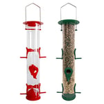 Urban Deco Bird Feeders Hanging Plastic Tube Bird Seed Feeder With 6 Ports Niger Seed Bird Feeder With Steel Hanger Weatherproof Fat Ball Bird Feeder Bird Feeder For Small Birds (Red + Green) 2 Pack