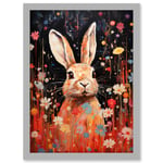 Spring Bliss Oil Painting Cute Bunny Rabbit in a Daisy Flower Meadow Kids Bedroom Artwork Framed Wall Art Print A4