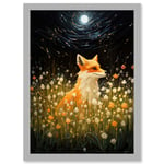 Watching the Fireflies Dance Happy Fox over a Wildflower Meadow Oil Painting Orange White Blue Full Moon Spring Night Dreamy Landscape Artwork Framed