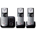 Téléphone Fixe sans Fil Trio Panasonic KX-TG6863 Noir/Argent, Écran LCD, Répondeur, Mains Libres, Blocage d'Appels Indésirables