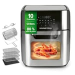 GOURMETmaxx Friteuse à air chaud numérique 12 L, four XXL en inox | Airfryer + minuterie, écran tactile, tournebroche | Friture pauvre en graisse, économie d'énergie | 10 Programmes y compris pizza