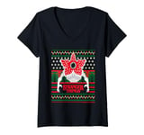 Womens Stranger Things Christmas Pattern Demogorgon V-Neck T-Shirt