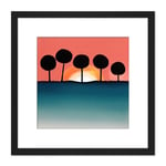 Bubble Tree Dark Outlines Boho Sunset Horizon Landscape Coral Teal Watercolour Illustration Square Wooden Framed Wall Art Print Picture 8X8 Inch