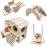 Sollbry Lot de 4 Jouets pour Hamster en Bois, Jeux pour Hamster Comprenant Maison Hamster Pont Balancoire, Accessoire pour Hamster Cochon d'Inde