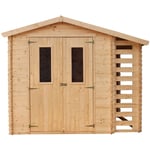 Abri de jardin en bois Timbela M386C - Avec à bûches / rangement 4,47 m² - Extérieur H218 x 272 x 206 cm - Atelier rangement outils et vélos