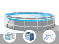 Kit piscine tubulaire Intex Prism Frame Clearview ronde 4,88 x 1,22 m + Bâche à bulles + 6 cartouches de filtration + Kit d'entretien