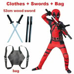 Deadpool Kostym Cosplay Barn Bodysuit Pojkar Barnens Dag Maskeraddräkt Fest clothes + swords + bag 7-8 years (130cm）