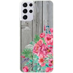 Coque pour Galaxy S21 ULTRA bois gris fleur rose