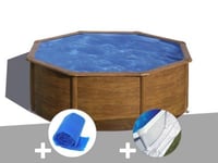 Kit piscine acier aspect bois Gré Sicilia ronde 3,70 x 1,22 m + Bâche à bulles + Tapis de sol