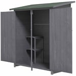 Outsunny Garden Wood Storage Shed w/Flexible Table, Hooks and Ground Nails, Multifunction Lockable Sheds & Outdoor Asphalt Roof Tool Organizer, 140 x 75 x 157cm, Grey