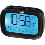 Trevi SLD 3850 Digital väckarklocka med inbyggd termometer, Stor LCD-skärm, Klocka och Kalender, Snoozefunktion, Svart