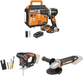 WORX - PACK ESSENTIEL BRICO - Perceuse Visseuse Brushless - ⌀13mm 60Nm + Scie Sauteuse/Sabre - ⌀50 mm + Meuleuse sans Fil 20V - ⌀ 125 mm - WX102, WX550.9 & WX803.9 (Livré avec 2 Batteries et Chargeur)