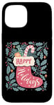 Coque pour iPhone 15 Chaussette bohème Happy Holidays rétro en forme de canne à sucre d'orge de Noël