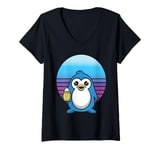 Womens Penguin Beer Mug Retro Cute Blue Penguin Frothy Beer Humor V-Neck T-Shirt