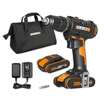 WORX WX370.1 PowerShare 20V Cordless Combi Hammer Drill Kit with 2 Batteries, Charger and Carry Bag - High Torque Impact Drill Set for Wood, Metal and Masonry