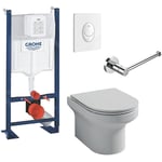 Jacob Delafon - Pack wc suspendu sans bride Elite, abattant extraplat fermeture douce, Blanc + Bâti support wc Grohe Rapid sl Project 1.13 m + plaque