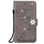 BoRan Wallet Case Compatible with HUAWEI P30 Crystal Embossing Floral Cat Pattern Premium PU Leather Magnetic Closure Flip Wallet Cover Diamond Buckle Card Slots Stand Case - Gray