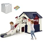 Goplus - Maison de Jeu + Toboggan et Jouets pour 5 Enfants 3-8 Ans,164x124x132CM,Cabane de Jardin Enfant,Bleu