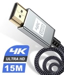 4K HDMI Cable 15m,Sweguard High Speed 18Gbps Braided HDMI 2.0 Cable 4K@60Hz 2K@144Hz Supports 3D UHD 2160p HD 1080p Ethernet HDCP 2.2 ARC Compatible Fire TV,Xbox,PS4/3,Blu-ray,Sky,Monitor,Laptop,PC