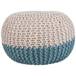 Pouf Rond en Coton Bleu Clair et Beige à Billes de Polystyrène d'Intérieur Conr