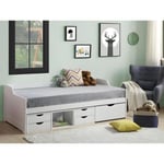 Vente-unique Lit banquette ADELISE - avec rangements - 90 x 190 cm - Pin - Blanc + matelas