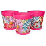 Hum Flowerpots set of 3 plastic, indoor/outdoor plant pots 25cm diameter and 3 saucers 19cm diameter (Pink Flowers & Bees)