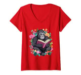 Womens Flowers Gorilla Valentines Day Graphic Funny V-Neck T-Shirt