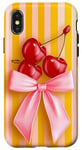 Coque pour iPhone X/XS Jaune moderne rayé rose cerise noeud coquette mignon doux