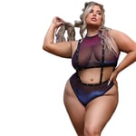 Fantasy Lingerie Vibes STARDUST Haltertopp & Strømpeholdertruse med UV-reaktivt Stjernetrykk Plus Size - Lyserosa - Plus size