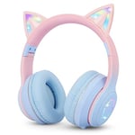 Sendowtek Kids Wireless Headphones Over Ear Cat Earphone with Flashing Lights Foldable Headphone Built-in Mic Cute Bluetooth Headphones for Girls Adults Travel Plane