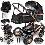 KIDUKU® Poussette Combinée 3 en 1 | Trio pour Enfants | Siége Auto Légère, Piable | Nacelle Souple Convertible | Set de Voyage (Noir/Champagne)