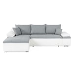 Canapé d'angle réversible convertible 3 places+Coffre - Simili blanc et tissu gris - CELINA - L 274 x P 184 cm - Fabriqué en Ukraine