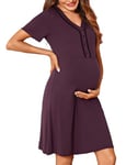 Demegimi Chemise de Nuit en Dentelle Allaitement Maternité Femme Coton Robe Patineuse Maternité d'allaitement à Manches Courtes Robe Allaitement Con Bouton(Violet,M)