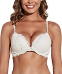 Deyllo Soutiens-Gorge Femme Rembourré avec Armature Dentelle Lingerie Push-up Brassiere Classiques Brassière Maintien Ivoire Blanc 95D